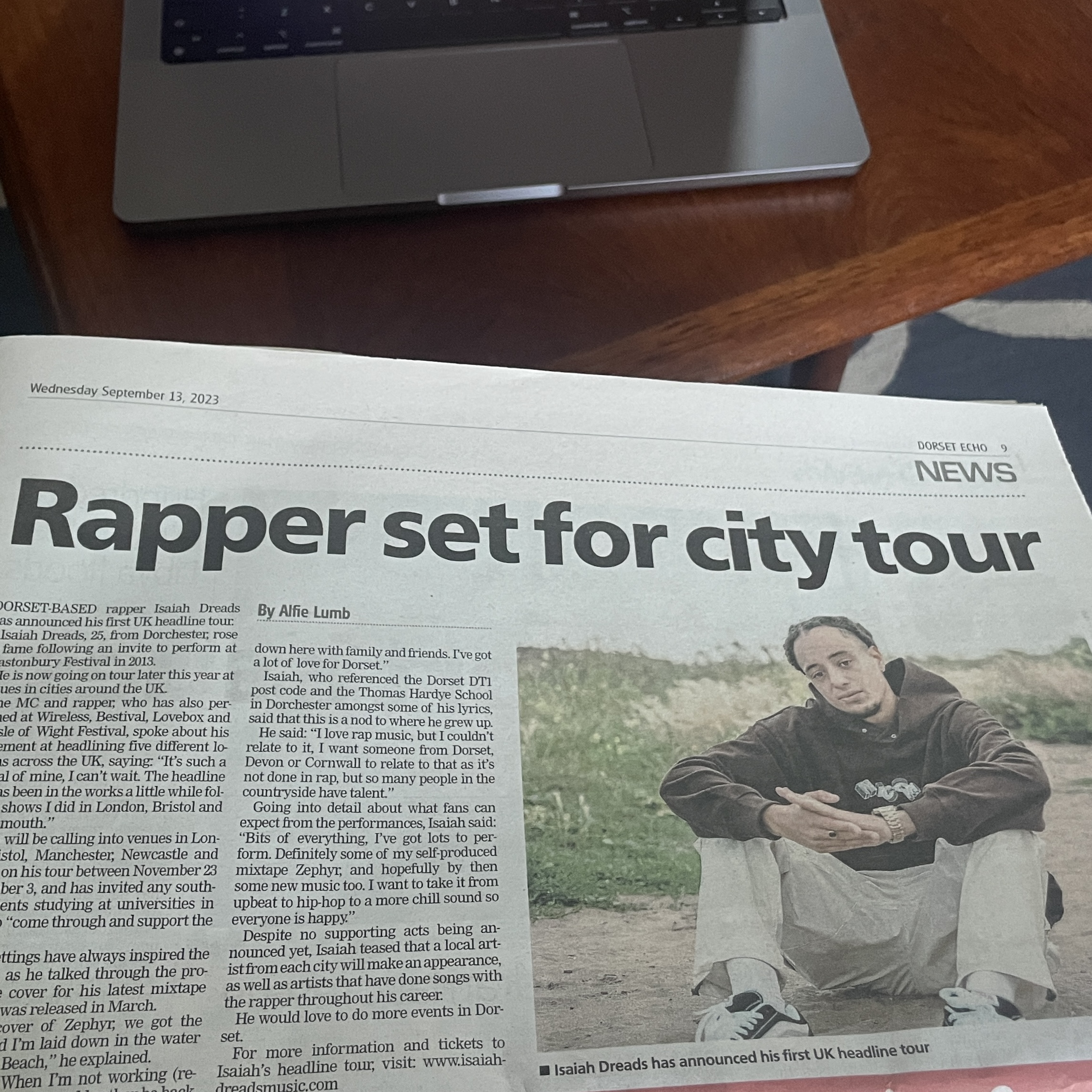 Dorset Echo article about Isaiah Dreads' headline tour.